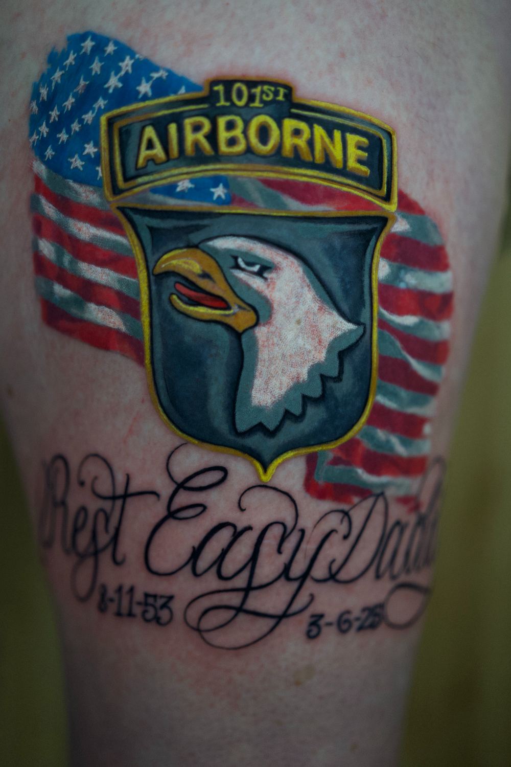 memorial lettering with eagle and flag upper arm tattoo by Antwan Rodriguez, West Palm Beach FL
