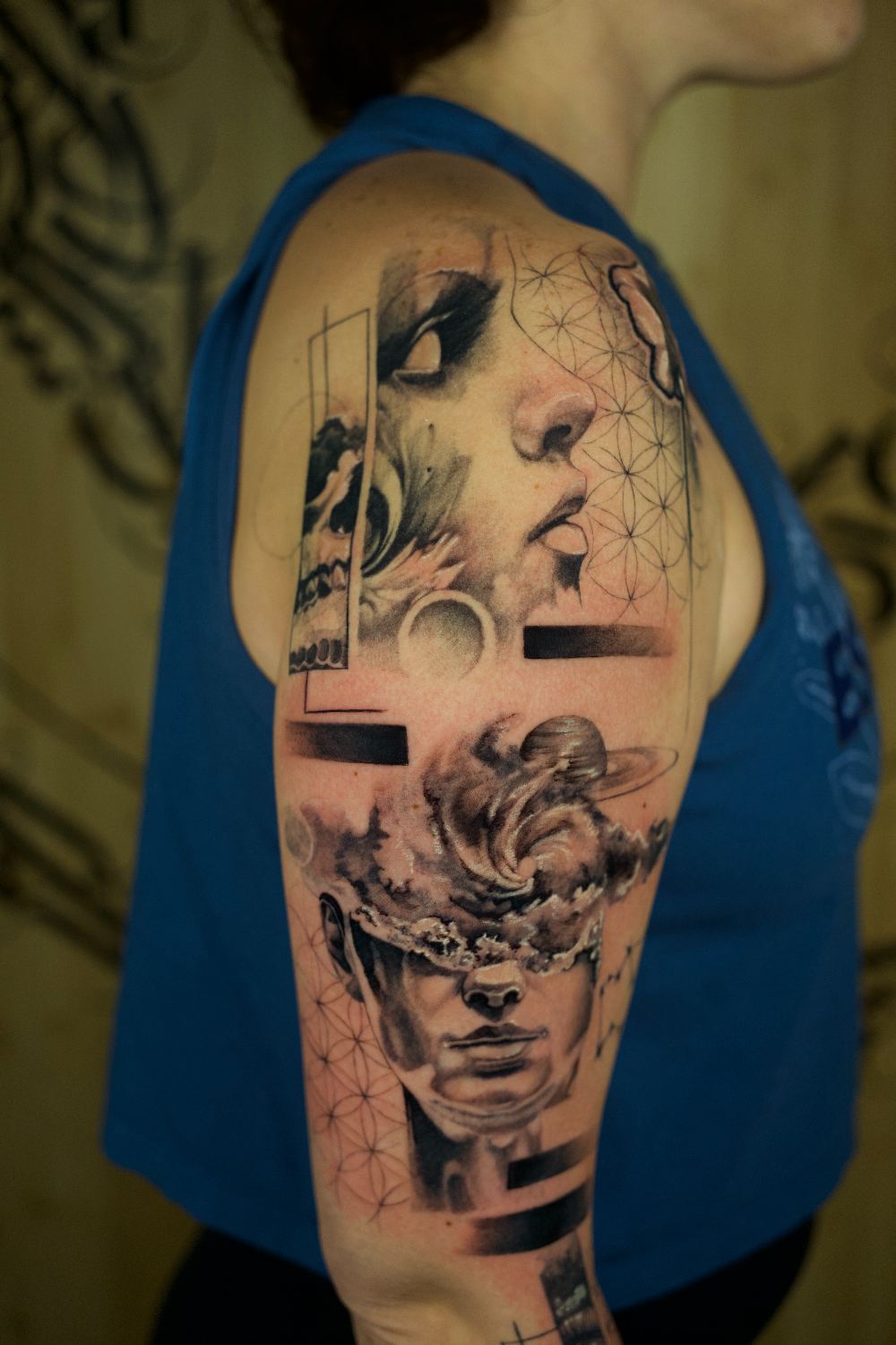 black and gray manga panel arm tattoo by Antwan Rodriguez, West Palm Beach FL